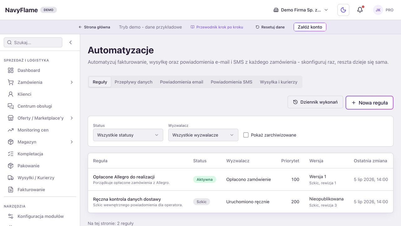 Publiczne demo. 1: Reguły. 2: Przepływy danych. 3: Powiadomienia email.