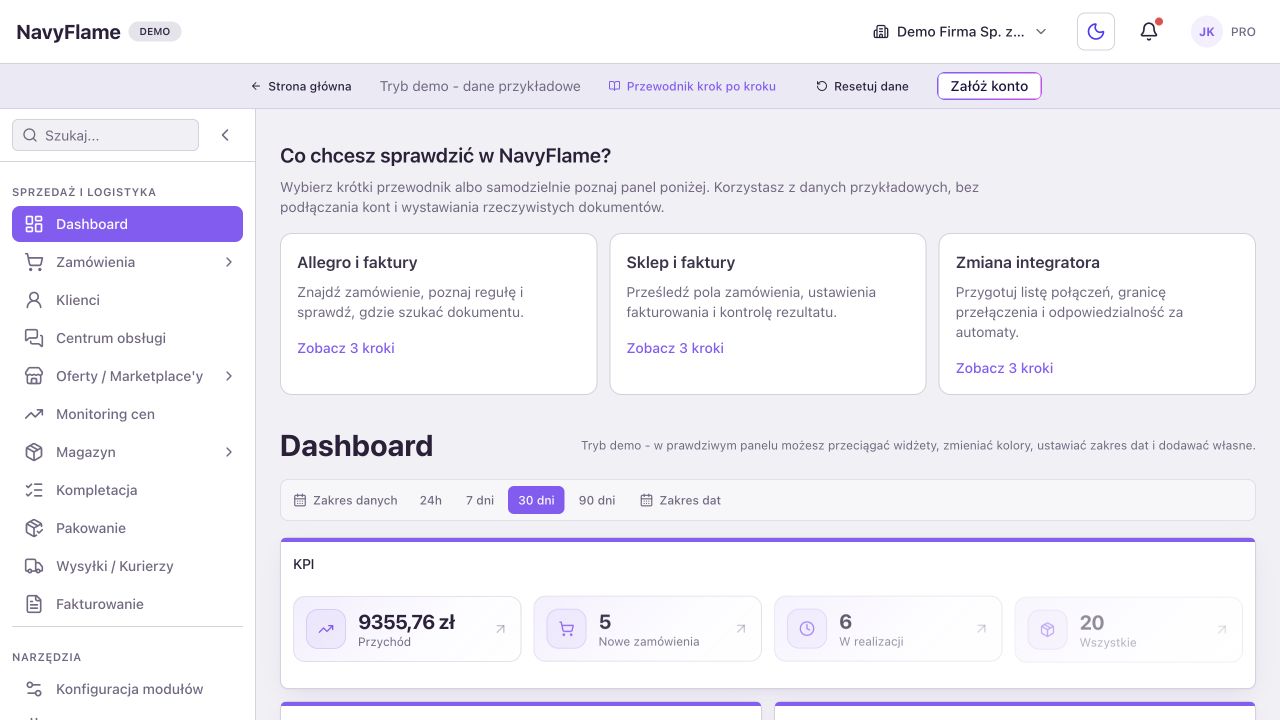 Publiczne demo. 1: Dashboard w menu. 2: wybór firmy w górnym pasku.