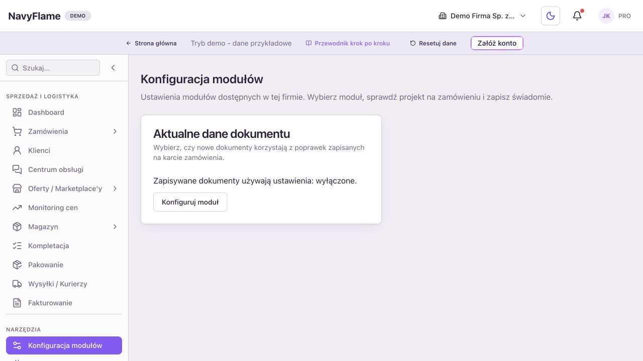 Publiczne demo. 1: Konfiguracja modułów w menu. 2: otwarty ekran ustawień.