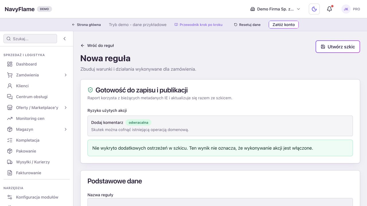 Publiczne demo. 1: Nowa reguła. 2: Utwórz szkic. 3: kontrola gotowości.