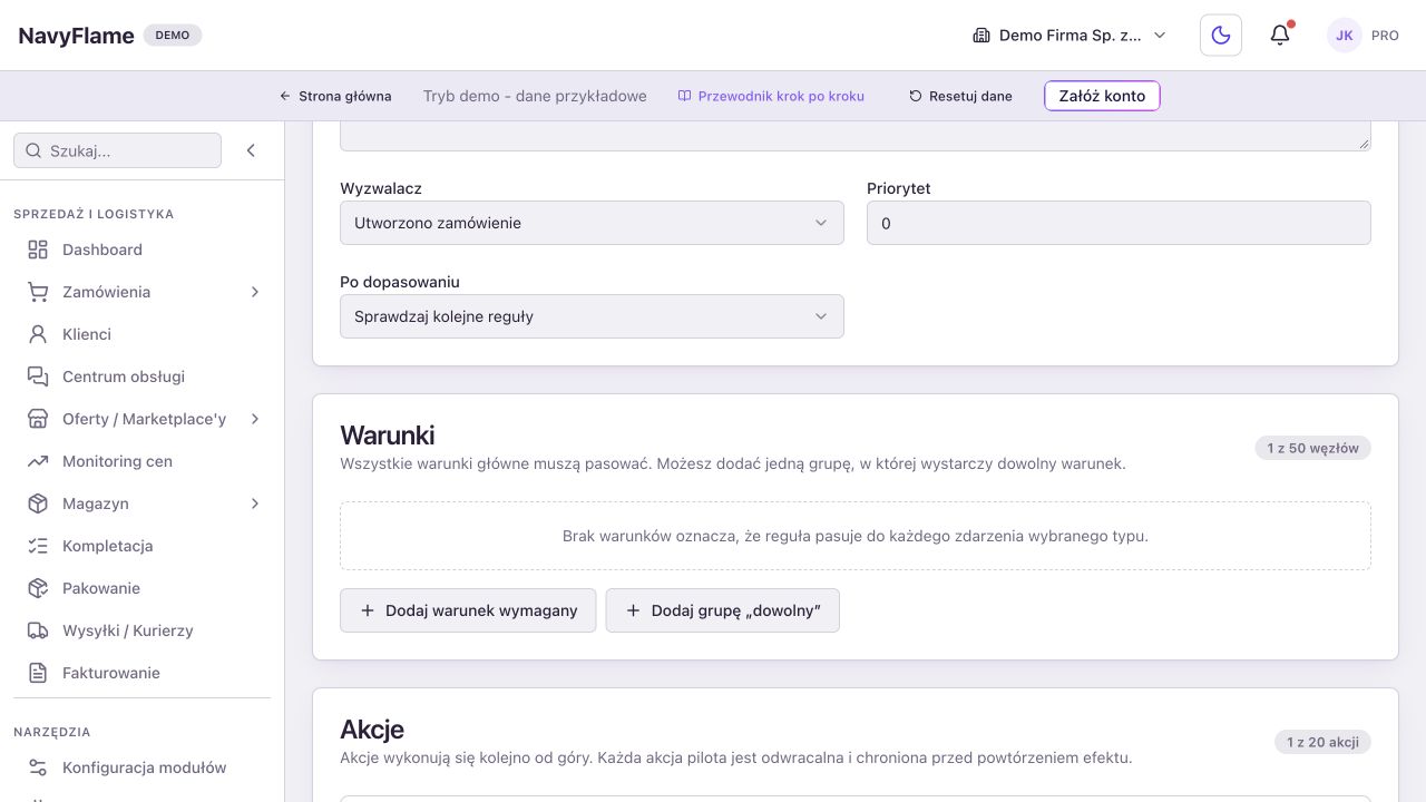 Publiczne demo. 1: Wyzwalacz. 2: Dodaj warunek. 3: lista akcji.