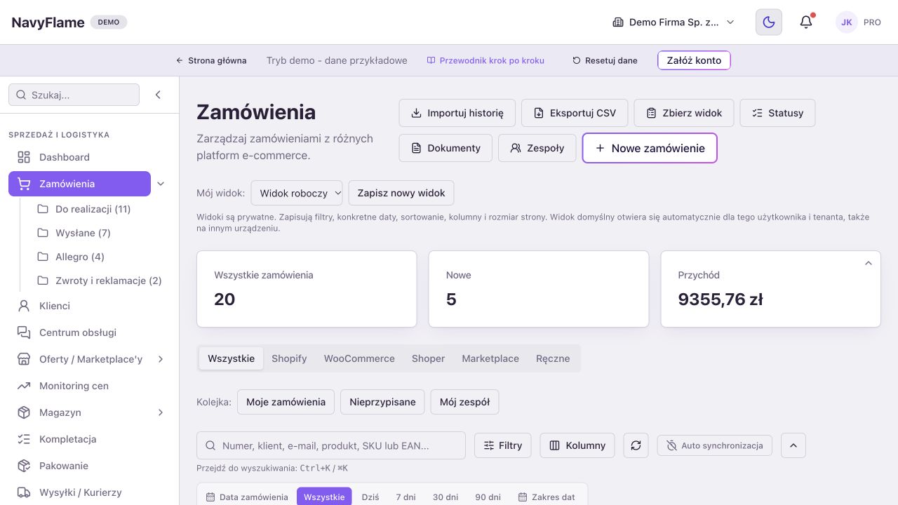Publiczne demo. 1: Zamówienia w menu. 2: wyszukiwarka. 3: Filtry.